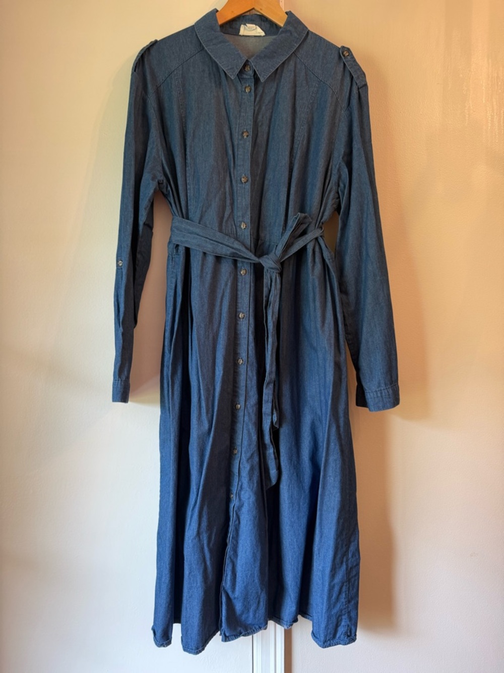 Seraphine denim button-front maternity dress with optional belt